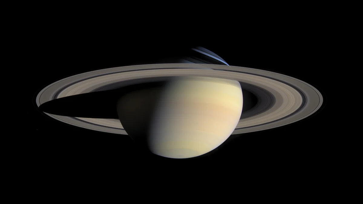 Natural-color mosaic of Saturn and its rings photographed by the Cassini spacecraft in October 2004