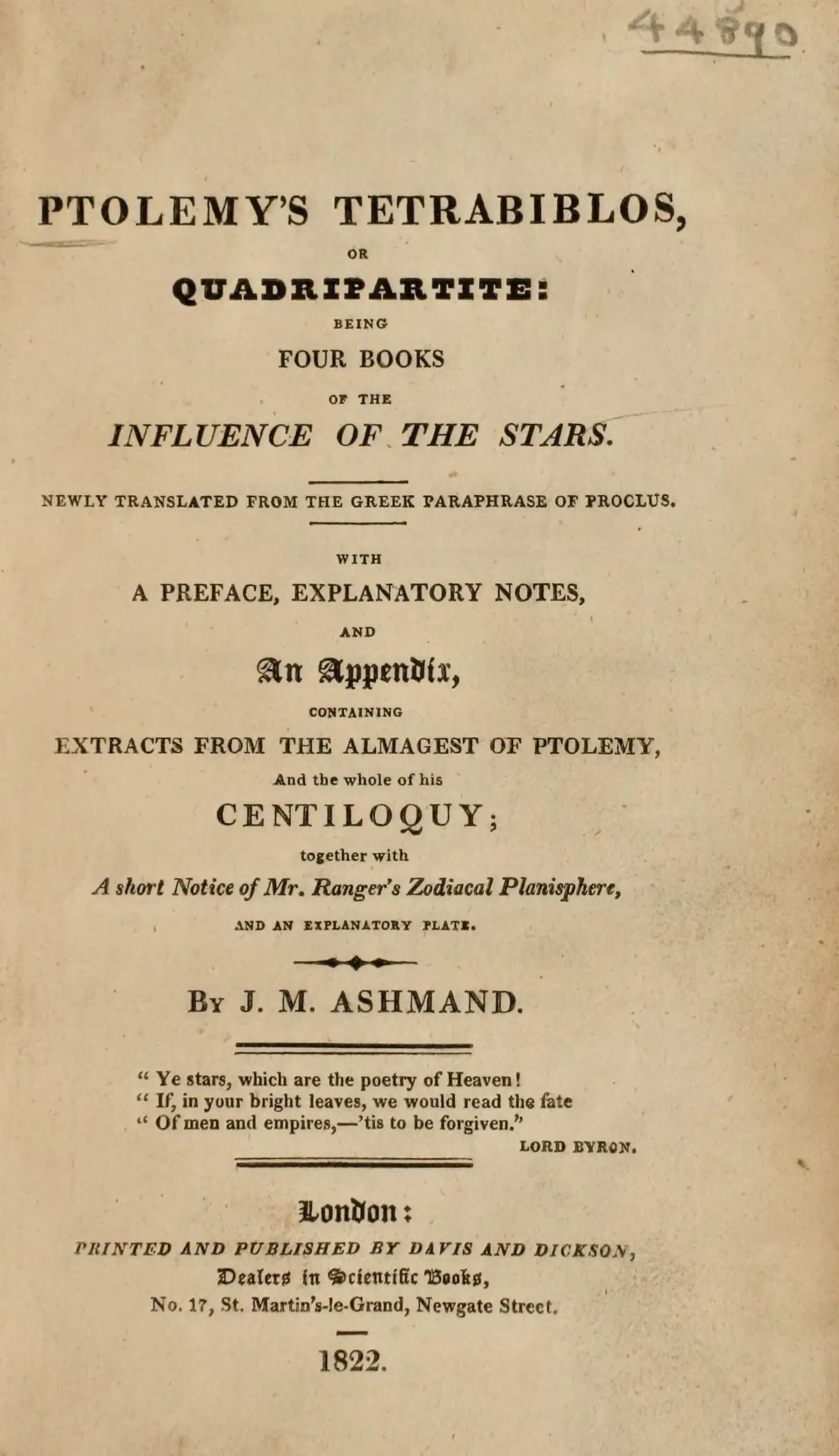 1822 title page reading Ptolemy's Tetrabiblos, or Quadripartite, translated by J. M. Ashmand