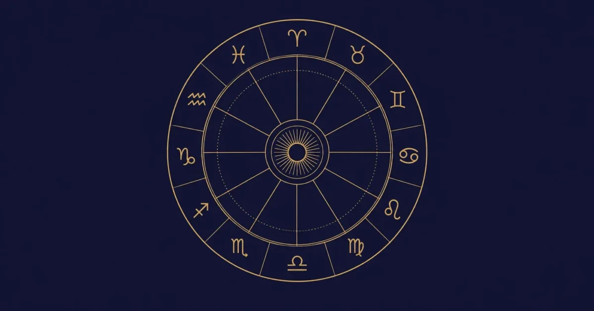 Minimalist line-art zodiac wheel with all twelve sign glyphs, decorative