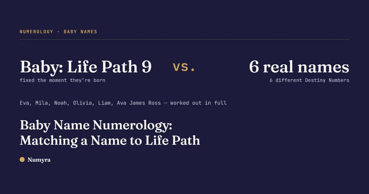 Card comparing a baby's fixed Life Path Number 9 against 6 real candidate names, each with a different Destiny Number