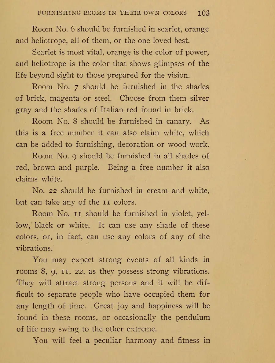 1908 printed page from Balliett's Philosophy of Numbers assigning colors to rooms numbered 6 to 22