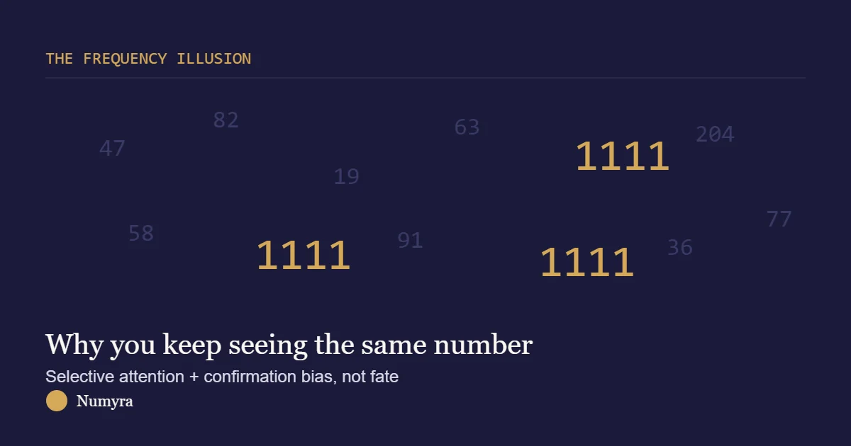 Illustration of the number 1111 appearing repeatedly among random numbers, showing the frequency illusion