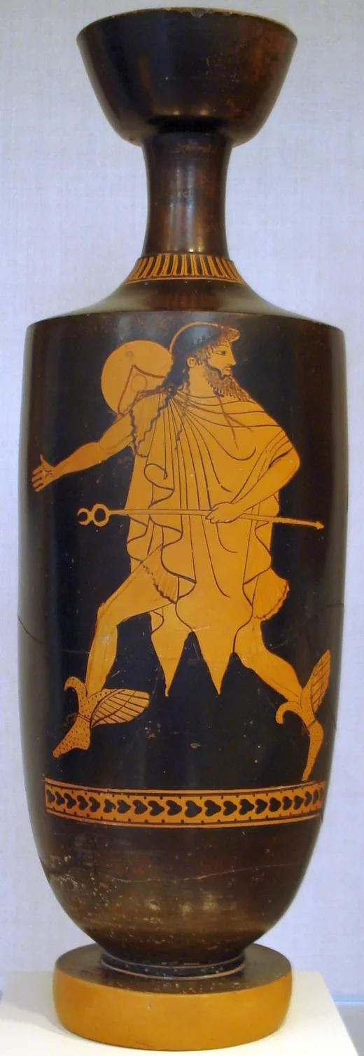 Ancient Greek black vase painted in red-figure with Hermes in hat and cloak carrying a herald's staff