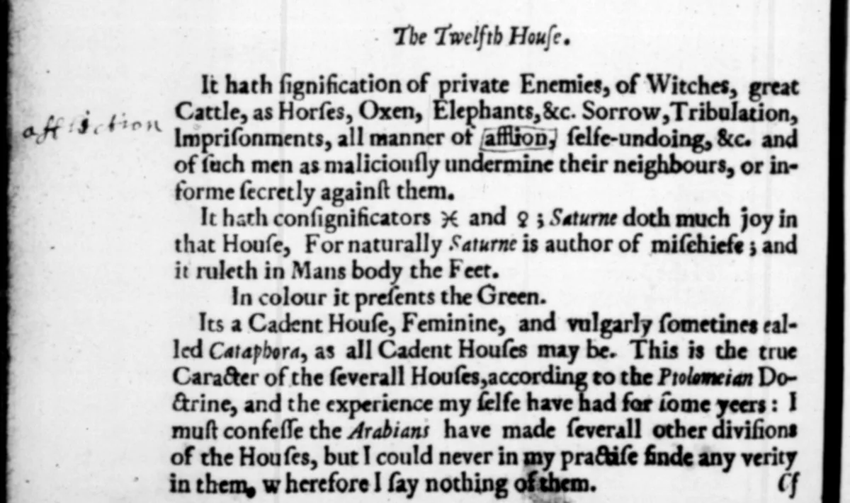 1647 page from Lilly's Christian Astrology describing the twelfth house: private enemies, prison, self-undoing