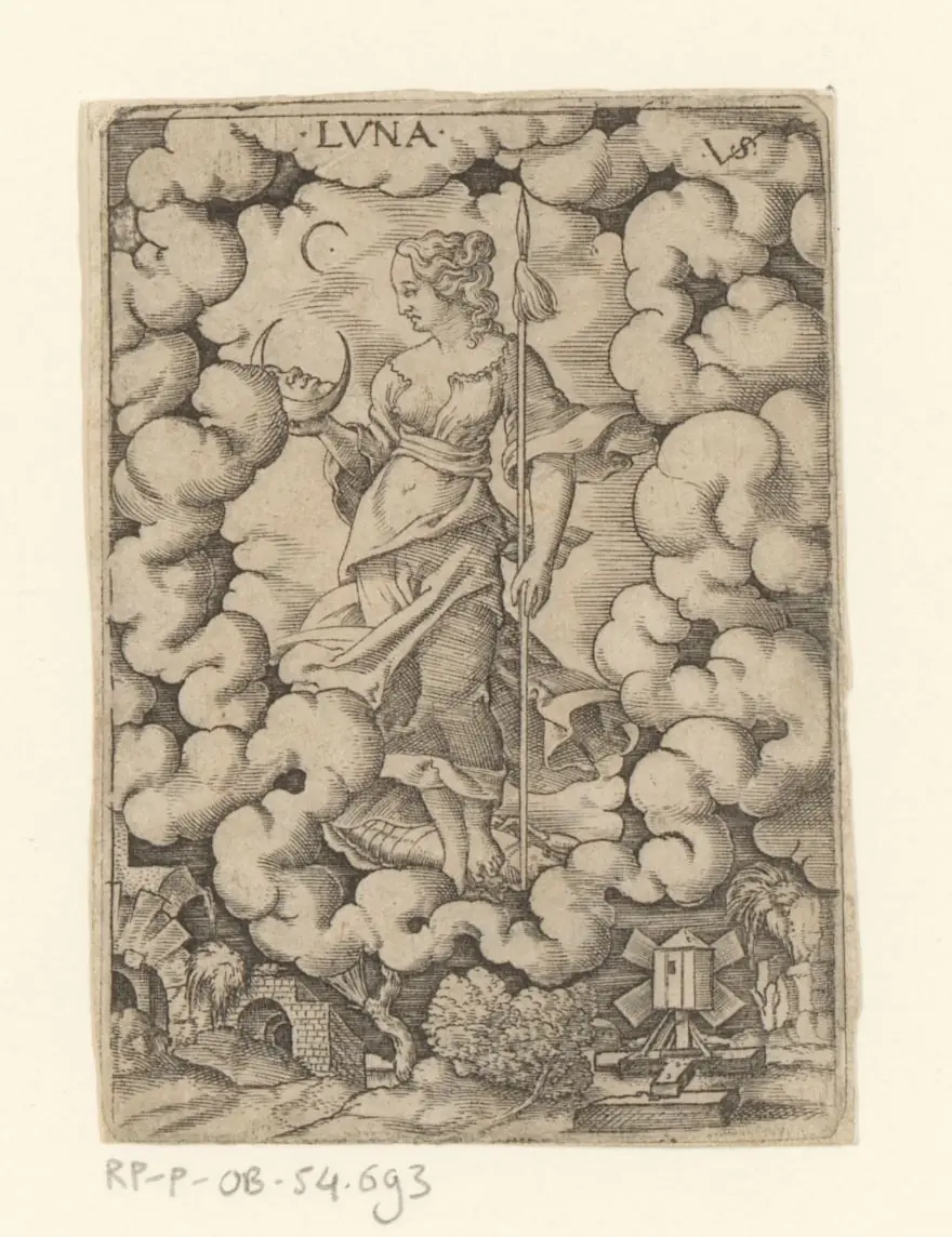 Small 16th-century engraving of the goddess Luna standing among swirling clouds beneath a crescent moon