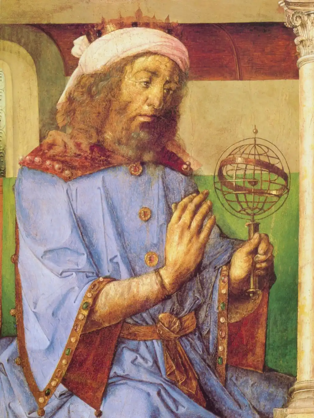 Renaissance painting of Ptolemy, a bearded man in a crown and blue robe, holding a small armillary sphere