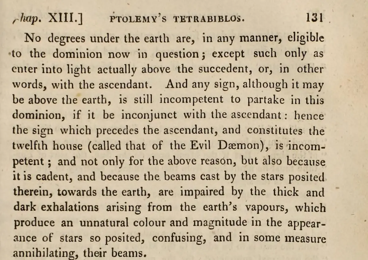 1822 Tetrabiblos page calling the twelfth house that of the Evil Daemon and explaining why it is cadent