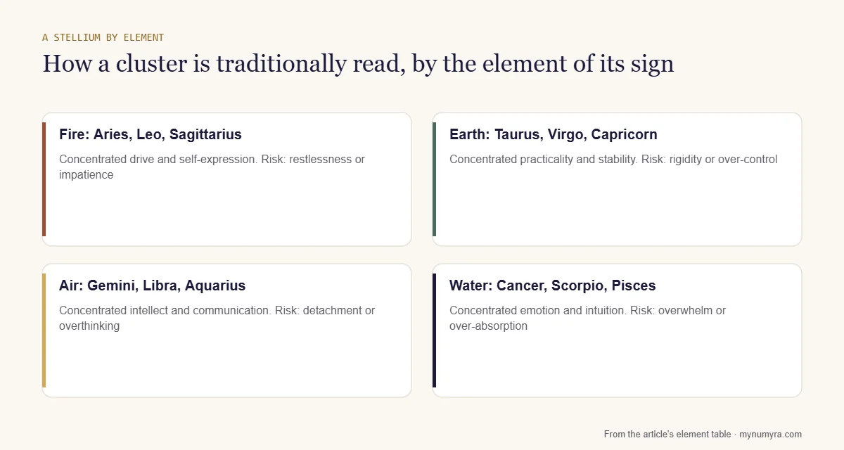 Four cards describing how a stellium in fire, earth, air or water signs is traditionally read