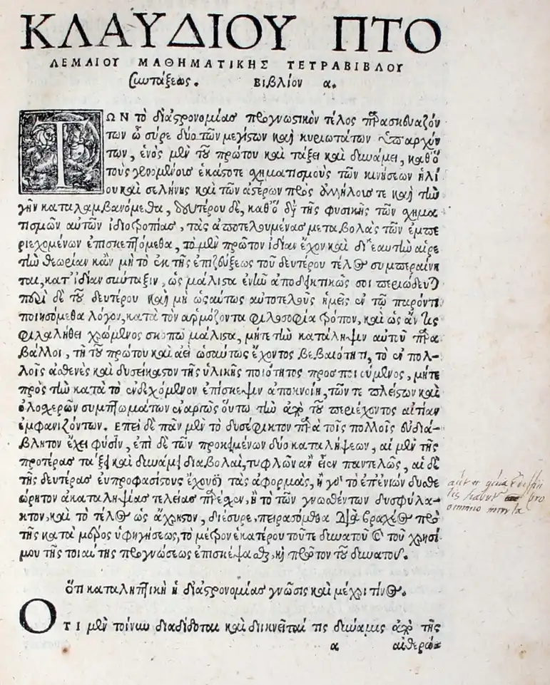 Printed page of Greek text headed with Ptolemy's name, from the 1535 first Greek edition of the Tetrabiblos