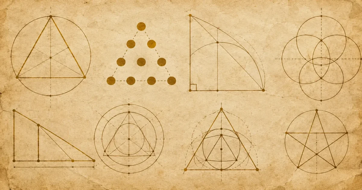 Ancient-manuscript-style geometric diagrams on parchment, including the Pythagorean tetractys