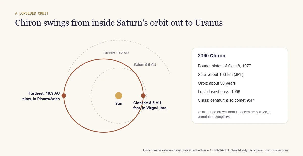 Diagram of Chiron's stretched orbit, from 8.5 AU inside Saturn's orbit out to 18.9 AU near the orbit of Uranus