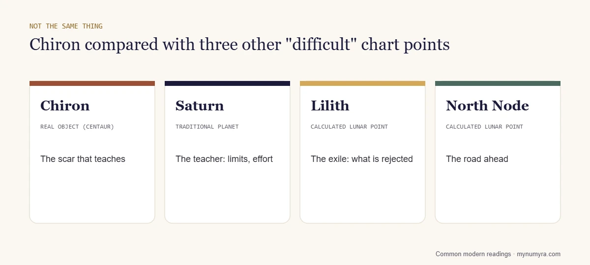 Four cards comparing Chiron with Saturn, Black Moon Lilith and the North Node by what each is and how it is read