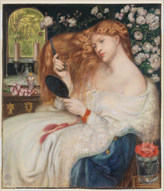Watercolor painting of Lady Lilith, a woman with long red hair combing it before a mirror among white roses