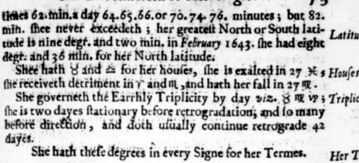 Scan of page 73 of William Lilly's Christian Astrology, 1647, stating that Venus usually stays retrograde 42 days
