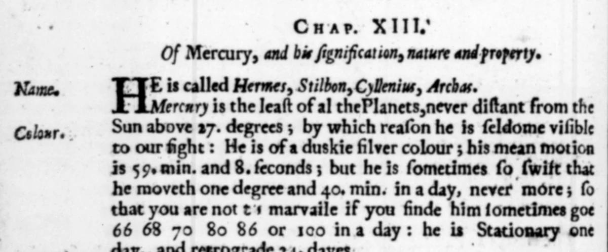 Scanned 1647 page of Lilly's Christian Astrology saying Mercury is never more than 27 degrees from the Sun