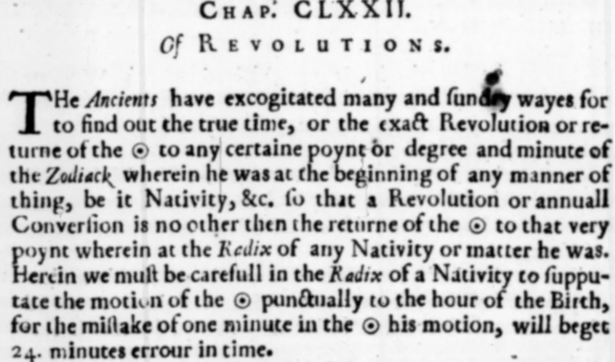 Scanned 1647 page of Lilly's Christian Astrology defining the annual revolution as the Sun's return to its birth point