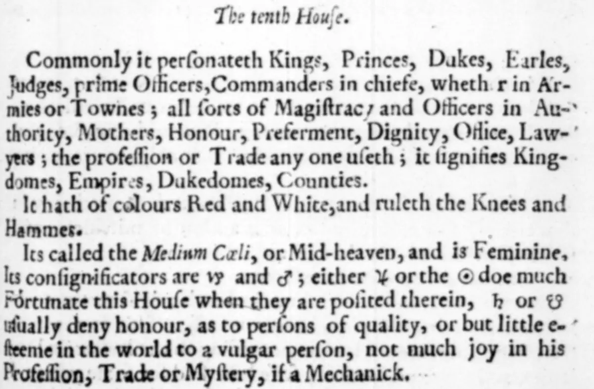 Scanned 1647 page of Lilly's Christian Astrology describing the tenth house, called the Medium Coeli or Mid-heaven