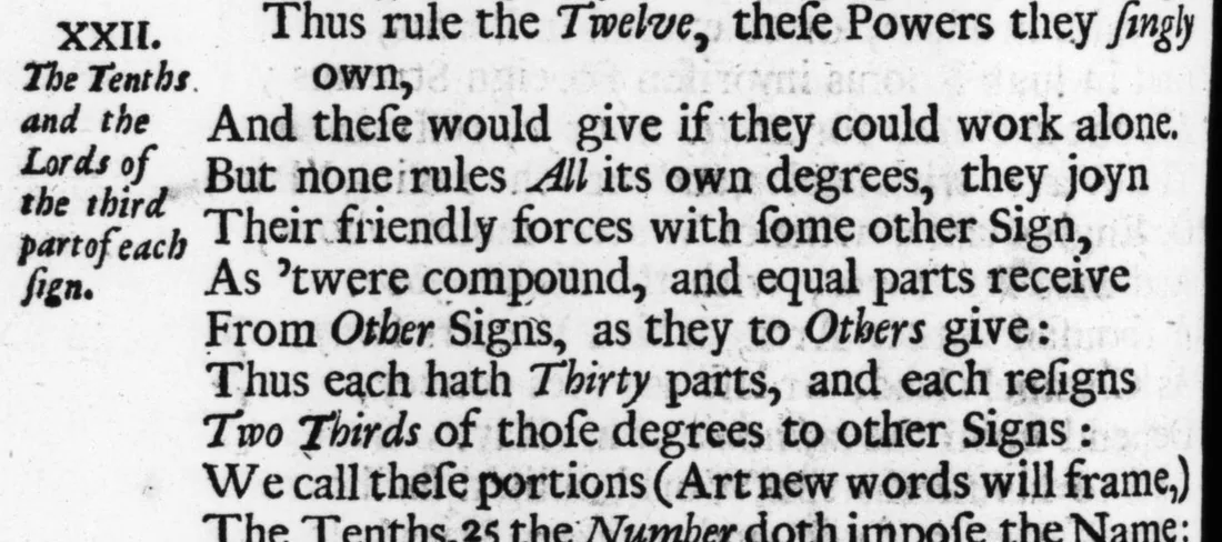 Scan of a 1697 English verse translation of Manilius describing the decans of each sign as The Tenths