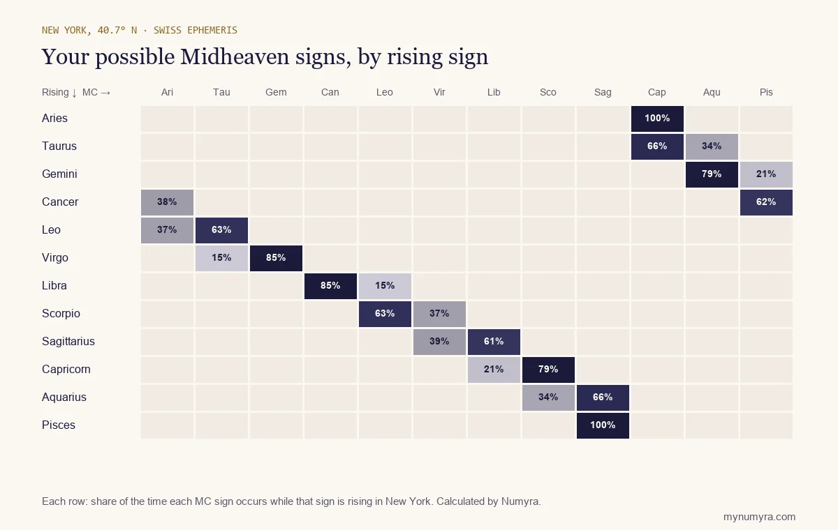Heatmap of the possible Midheaven signs for each rising sign in New York, with the share of time for each pairing