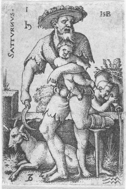 Renaissance engraving of Saturn as an old man with a sickle and a child, a goat and a water-pourer at his feet