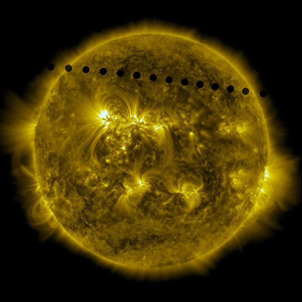 NASA SDO photo sequence of Venus crossing the face of the Sun as a row of black dots during the June 2012 transit