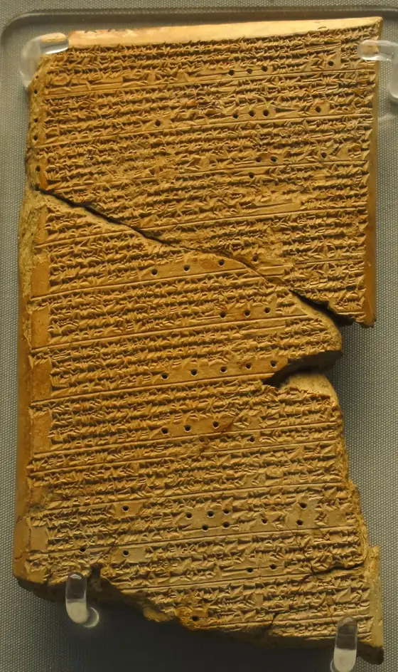 Photo of a cracked clay tablet covered in cuneiform script, the Neo-Assyrian copy of the Venus Tablet of Ammisaduqa